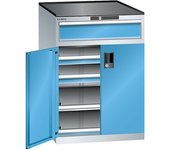 LISTA Cajonera con puertas batientes, altura 1020 mm, 2 baldas, 3 cajones, carga máx. 200 kg, gris luminoso / azul luminoso
