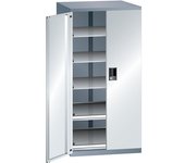 LISTA Cajonera con puertas batientes, altura 1450 mm, 5 baldas, carga máx. 75 kg, gris metálico / gris luminoso