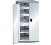 LISTA Cajonera con puertas batientes, altura 1450 mm, 2 baldas, 3 cajones, carga máx. 200 kg, gris metálico / gris luminoso