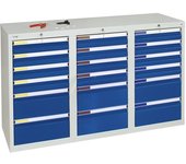 kaiserkraft Cajonera, H x A x P 900 x 1500 x 500 mm, 12 cajones de 100 mm de altura y 6 cajones de 200 mm, cuerpo en gris, cajones en azul genciana