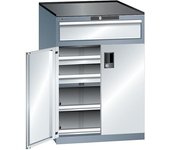 LISTA Cajonera con puertas batientes, altura 1020 mm, 2 baldas, 3 cajones, carga máx. 200 kg, gris metálico / gris luminoso