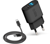 kit cargador pared sbs 2x usb 2100 mah carga rapida con cable tipo c negro