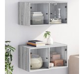 vidaXL Mueble pared puertas vidrio 2 uds roble marrón 68,5x37x35 cm en color Marrón roble/Gris hormigón/Gris sonoma y más | almacenamiento funcional diseño moderno para baño dormitorio sala