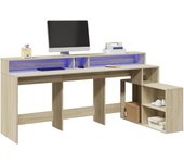 vidaXL Escritorio con luz LED madera ingeniería 200x104x91 cm en color Blanco/Roble Sonoma/Marrón roble y más | estructura resistente ideal para salón dormitorio o estudio