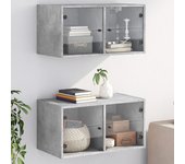 vidaXL Mueble pared puertas vidrio 2 uds roble marrón 68,5x37x35 cm en color Marrón roble/Gris hormigón/Gris sonoma y más | almacenamiento funcional diseño moderno para baño dormitorio sala