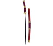Katana Bambú LED S6053 Sandai Kitetsu de Zoro de One Piece réplica no oficial de 68,5 cm hoja de bambú acabada en negro con dentado en plata, con tira de led en color blanco, mango con encordado burdeos con piel de imitación de raya color negro. Mecanismo