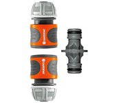 Gardena Juego de acoplamientos acoplamiento para prolongación de manguera, También con gran presión del agua, Color Gris/Naranja/Plata, 15 mm