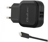 Qoltec 50188 cargador de dispositivo móvil Portátil, Smartphone, Reloj inteligente, Tableta, Teléfono, Universal Negro Corriente alterna, CC Interior
