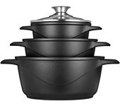 SMILE MGK18 - Batería de Cocina Inducción 6 piezas Aluminio Fundido, 3 ollas, Tapas de Vidrio Templado, Revestimiento Antiadherente, Apta Para Todo tTpo de Cocinas, Libre PFOA