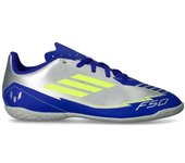 Adidas - Zapatilla de fútbol sala F50 Club IN Niño Messi, Unisex, Silver Met-Solar Yellow-Lucid Blue, 5,5 UK