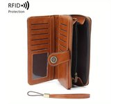 Billetera larga multifuncional con bloqueo RFID - Gran capacidad, monedero vintage de color sólido con cremallera y pulsera, cartera larga con ranura para múltiples tarjetas y portatarjetas