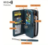 Billetera larga multifuncional con bloqueo RFID - Gran capacidad, monedero vintage de color sólido con cremallera y pulsera, cartera larga con ranura para múltiples tarjetas y portatarjetas