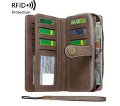 Billetera larga multifuncional con bloqueo RFID - Gran capacidad, monedero vintage de color sólido con cremallera y pulsera, cartera larga con ranura para múltiples tarjetas y portatarjetas