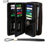 Billetera larga multifuncional con bloqueo RFID - Gran capacidad, monedero vintage de color sólido con cremallera y pulsera, cartera larga con ranura para múltiples tarjetas y portatarjetas