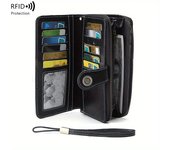 Billetera larga multifuncional con bloqueo RFID - Gran capacidad, monedero vintage de color sólido con cremallera y pulsera, cartera larga con ranura para múltiples tarjetas y portatarjetas