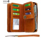 Billetera larga multifuncional con bloqueo RFID - Gran capacidad, monedero vintage de color sólido con cremallera y pulsera, cartera larga con ranura para múltiples tarjetas y portatarjetas