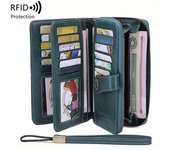 Billetera larga multifuncional con bloqueo RFID - Gran capacidad, monedero vintage de color sólido con cremallera y pulsera, cartera larga con ranura para múltiples tarjetas y portatarjetas