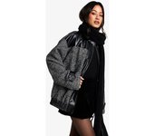 boohoo Chaqueta Tall Bomber Oversize De Espiguilla Con Ribete De Cuero Sintético En Contraste, Negro 38