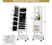 Costway Armario Para Joyas Organizador con Cerradura y 3 Posiciones Ajustables 4 Ruedas y Espejo de Cuerpo 45 x 35 x 157 cm Blanco