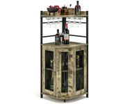 Costway Armario de Barra en Esquina con Portavasos de Vidrio Puertas de Malla Metálica Estante Ajustable Armario de Vino para Cocina