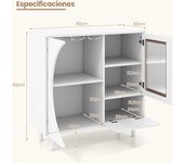 Costway Aparador de Cocina con Soporte para Vasos Puertas de Vidrio Templado Gabinete de Buffet de Madera para Sala de Estar Comedor Blanco