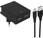 Cargador Doble USB 3A Smart IC + Cable iPhone / iPad Slim - Negro