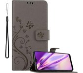 Funda Libro para Samsung Galaxy A20S en GRIS FLORAL ? Cubierta Proteccion en Dise?o de Flor con Cierre Magnetico, Funcion de Suporte e 3 Tarjeteros - Etui Case Cover Carcasa
