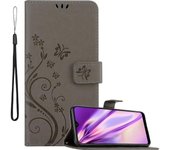 Funda Libro para Samsung Galaxy A10 en GRIS FLORAL ? Cubierta Proteccion en Dise?o de Flor con Cierre Magnetico, Funcion de Suporte e 3 Tarjeteros - Etui Case Cover Carcasa