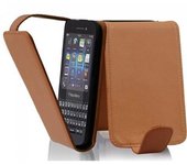 Funda para Blackberry Q5 in MARRoN COGNAC - Cubierta Proteccion Estilo Flip de Cuero Sintetico Estructuro - Etui Case Cover Carcasa
