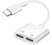 Adaptador de audio y carga USB-C macho a doble USB-C hembra Compacto Blanco