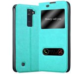 Funda Libro para LG K8 2016 en TURQUESA MENTA - Cubierta Proteccion con Cierre Magnetico, Funcion de Suporte y 2 Ventanas- Etui Case Cover Carcasa