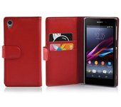 Funda Libro para Sony Xperia Z1 en ROJO INFIERNO - Cubierta Proteccion de Cuero Sintetico Estructurado con Tarjetero y Funcion de Suporte - Etui Case Cover Carcasa