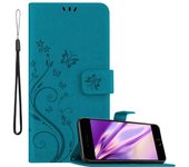 Funda Libro para Apple iPhone 7 / 7S / 8 / SE 2020 en AZUL FLORAL ? Cubierta Proteccion en Dise?o de Flor con Cierre Magnetico, Funcion de Suporte e 3 Tarjeteros - Etui Case Cover Carcasa