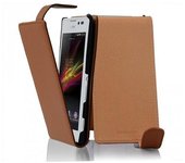 Funda para Sony Xperia C in MARRoN COGNAC - Cubierta Proteccion Estilo Flip de Cuero Sintetico Estructuro - Etui Case Cover Carcasa