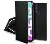 Funda con Tapa para Samsung A21s, Carbono Negro – Flip Cover con Bordes Metalizados de Protección El