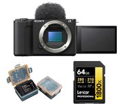 Sony ZV-E10 II Cámara sin espejo (negra)+batería Kingma de 2000mAh (Sony NP-FZ100)+tarjeta de memoria Lexar Professional SDXC UHS-II de 64GB y 1800x