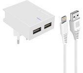 Cargador Doble USB 3A Smart IC + Cable iPhone / iPad Slim - Blanco