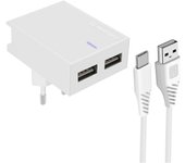 Cargador Doble USB 3A Smart IC + Cable USB-C Slim - Blanco