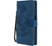 Funda tarjetero para Samsung Galaxy A15 Flor con correa de mano Azul oscuro