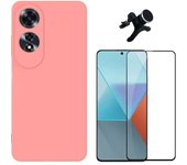 Kit De Película De Vidrio Templado De Cubierta Completa 5D + Funda De Silicona Líquida + Soporte Magnético Reforzado Para El Teléfono Del Automóvil Compatible Con Oppo A60 - Rosa