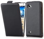 Funda para LG OPTIMUS 4X HD in NEGRO DE CAVIAR - Cubierta Proteccion Estilo Flip de Cuero Sintetico Liso - Etui Case Cover Carcasa