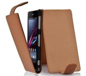 Funda para Sony Xperia Z1 in MARRoN COGNAC - Cubierta Proteccion Estilo Flip de Cuero Sintetico Estructuro - Etui Case Cover Carcasa