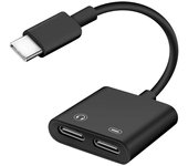 Adaptador USB-C macho a Doble USB-C hembra Audio y Carga Compacto Negro