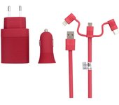 muvit life pack cargador de coche usb+cargador de casa usb+cable 3 en 1 micro usb, tipo C y lightning rojo
