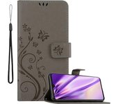 Funda Libro para Samsung Galaxy A41 en GRIS FLORAL ? Cubierta Proteccion en Dise?o de Flor con Cierre Magnetico, Funcion de Suporte e 3 Tarjeteros - Etui Case Cover Carcasa