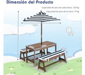 Costway Mesa de Picnic para Niños con Sombrilla Juego de Mesa y Banco de Madera con Cojines Muebles Portátiles para Jardín Patio Trasero