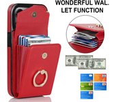 Darmowade Iphone 13 Pro Case con soporte para tarjeta con soporte delgado Pu cuero correa de muñeca cartera cubierta con correa para mujeres niña Rojo