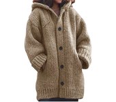 Suéter de punto con capucha Otoño Invierno Abrigo de lana de longitud media Chaquetas Tops de ropa exterior Caqui M