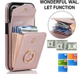 Darmowade Iphone 13 Pro Case con soporte para tarjeta con soporte delgado Pu cuero correa de muñeca cartera cubierta con correa para mujeres niña Rosa