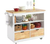 SoBuy Carro de almacenamiento de cocina con isla de cocina con encimera de madera de caucho,FKW107-WN Blanco + natural
